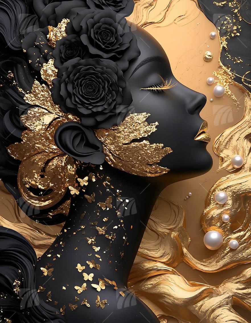 Die schwarze Göttin mit goldenen Schmetterlingen Black & Gold Wandbild auf Aluminium Dibond Spanntuch