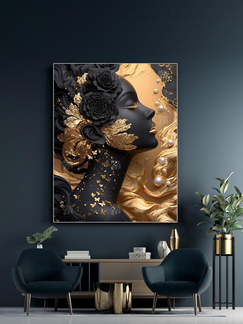 Die schwarze Göttin mit goldenen Schmetterlingen Black & Gold Wandbild – Detailansicht
