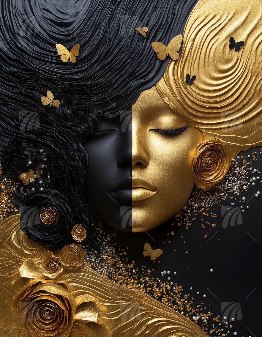 Das zweigeteilte Antlitz der Eleganz Black & Gold Wandbild auf Aluminium Dibond Spanntuch