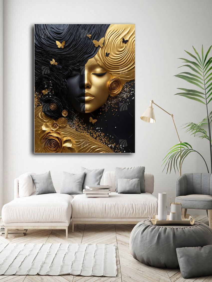 Das zweigeteilte Antlitz der Eleganz Black & Gold Wandbild – Detailansicht