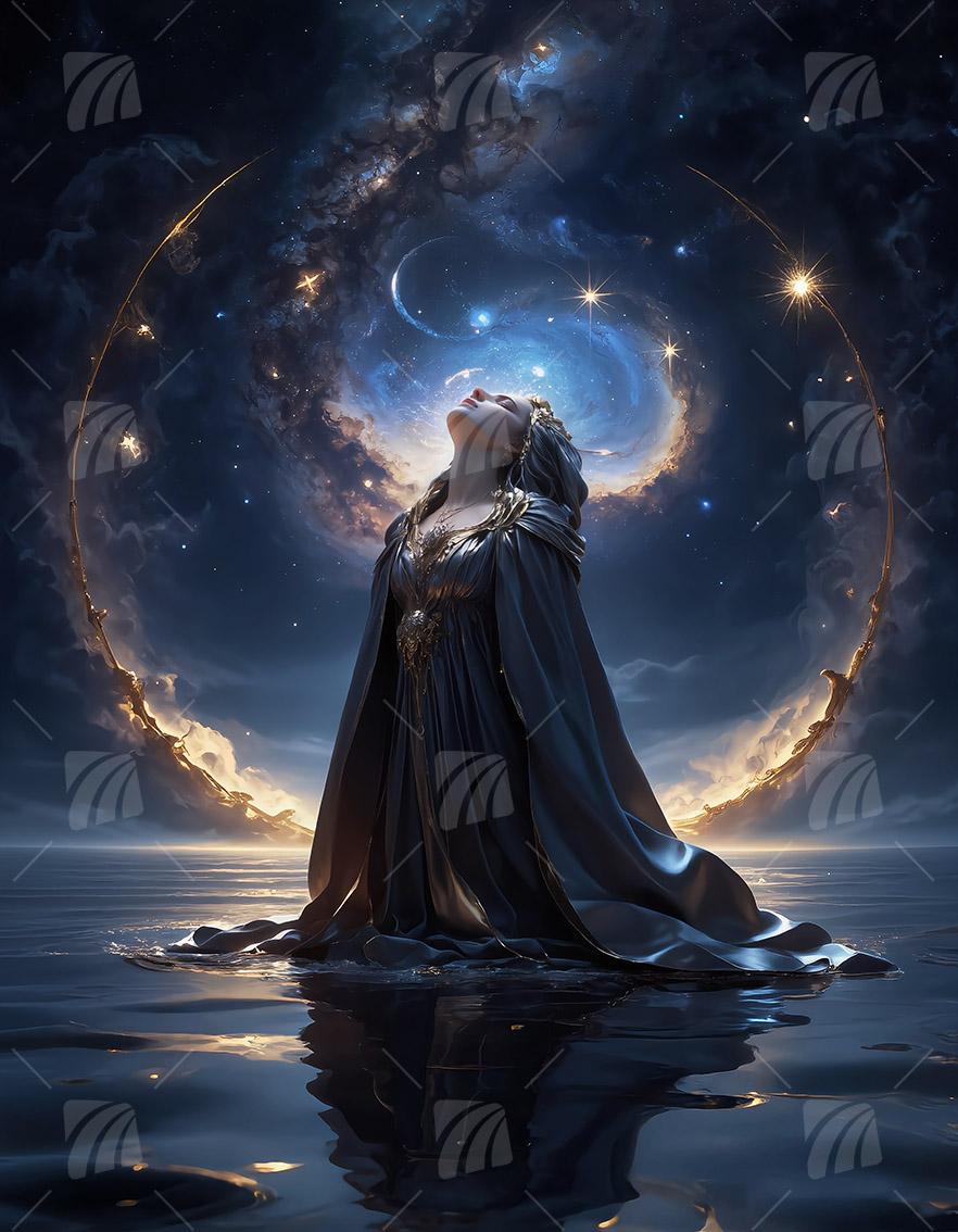 Die thronende Mondgöttin Mythisch Wandbild auf Aluminium Dibond Spanntuch