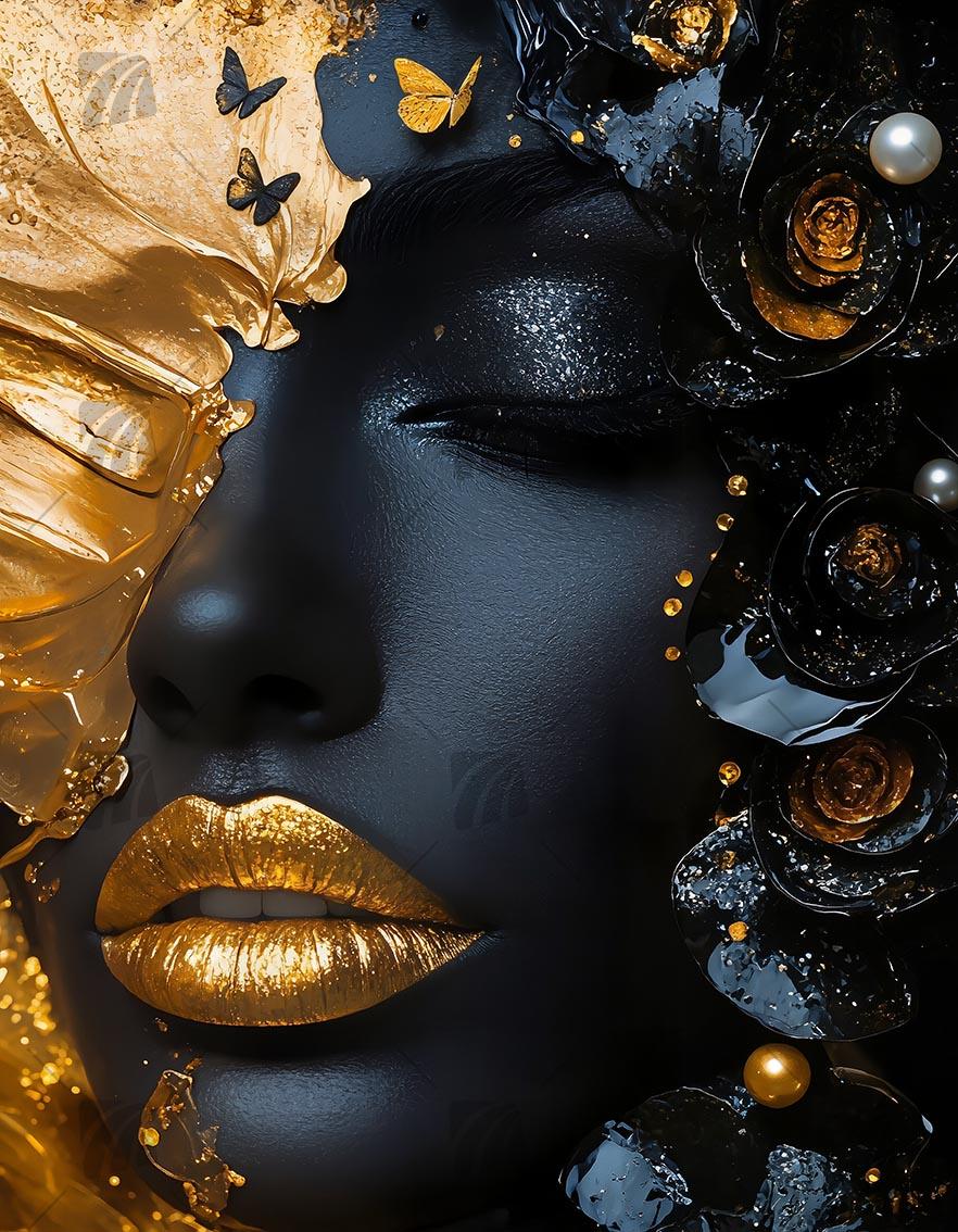 Golden Flora  Opulentes Porträt Black & Gold Wandbild auf Aluminium Dibond Spanntuch