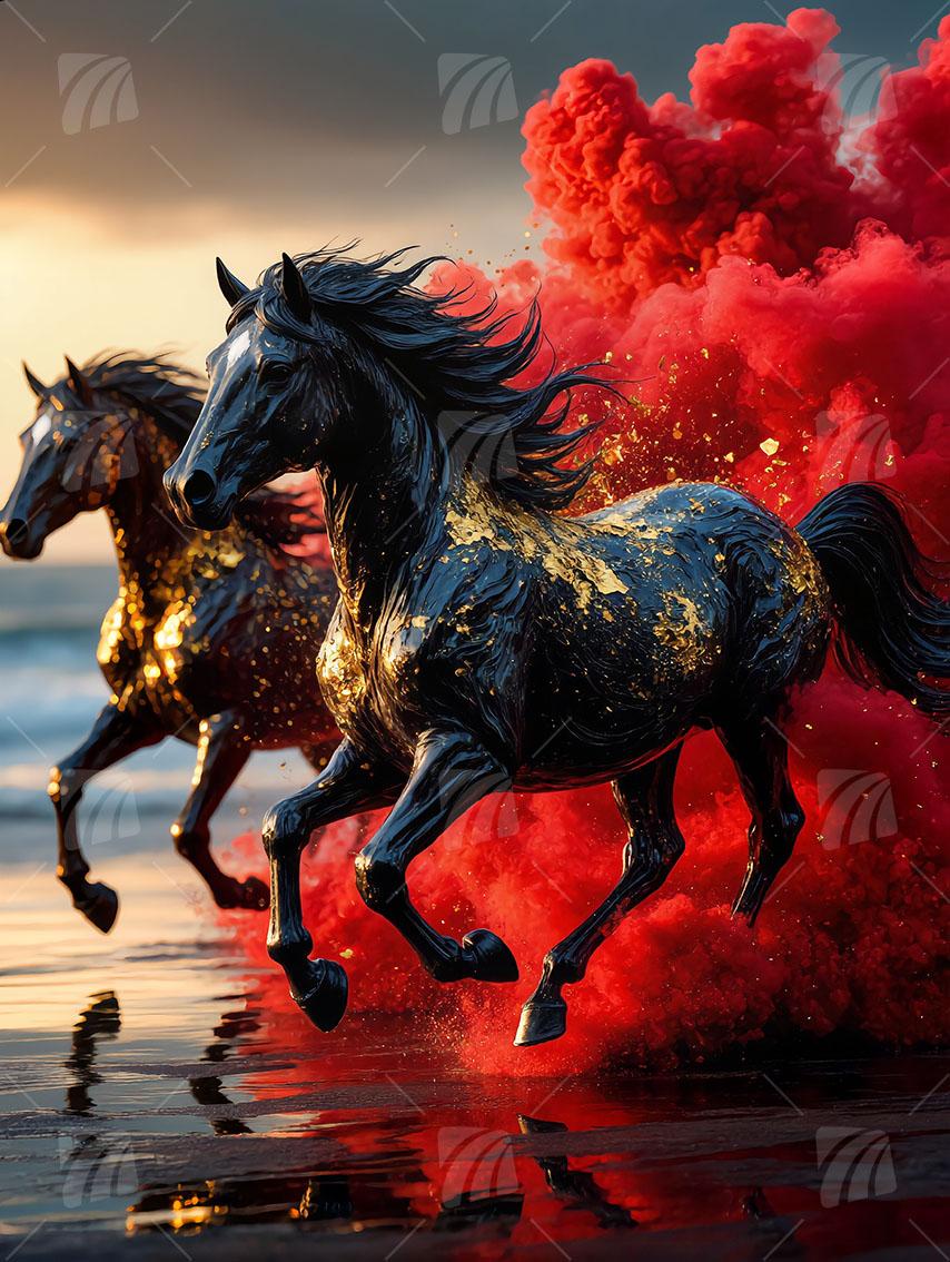  Goldene Galoppade am Ufer Tiere Wandbild auf Aluminium Dibond Spanntuch