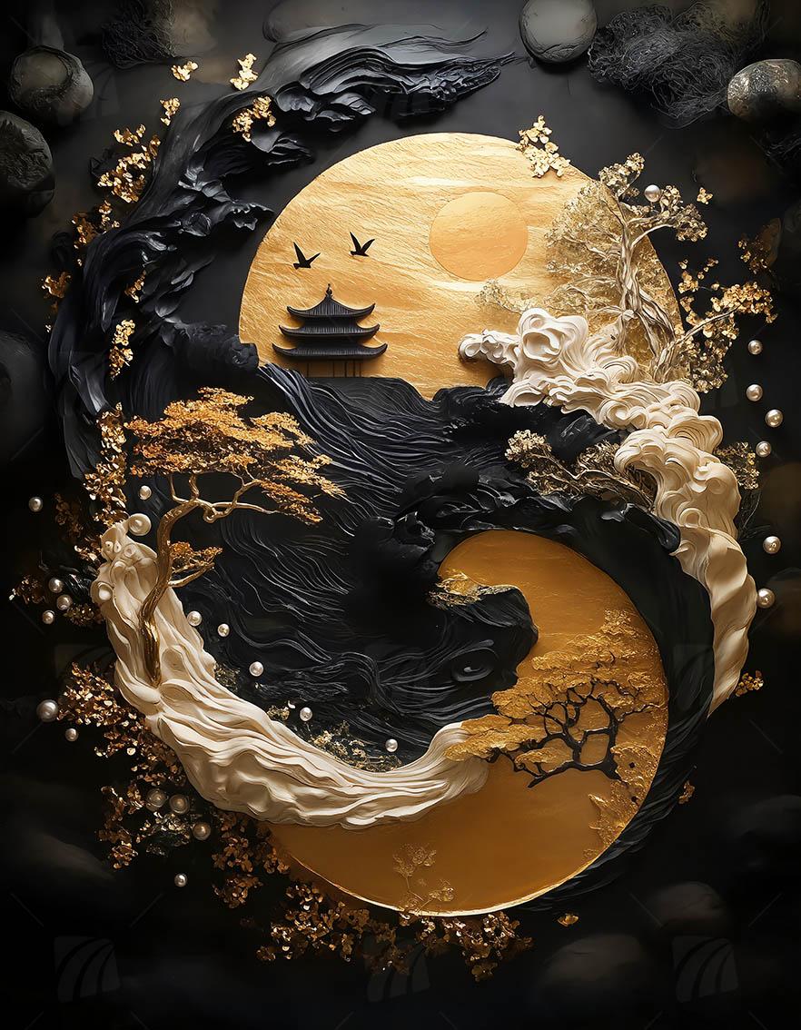 Das Yin  & Yang Black & Gold Wandbild auf Aluminium Dibond Spanntuch