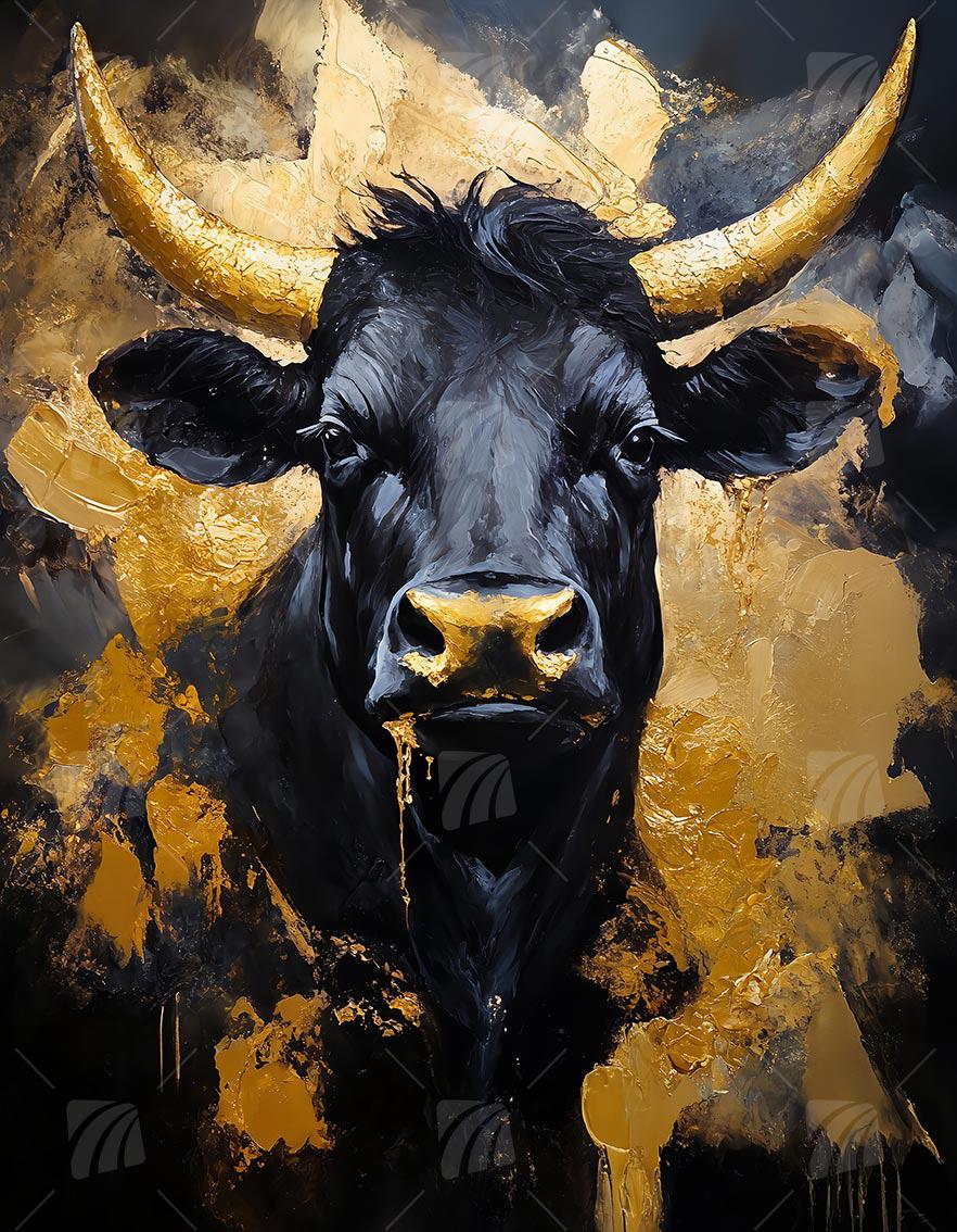 Golden Bull Tiere Wandbild auf Aluminium Dibond Spanntuch