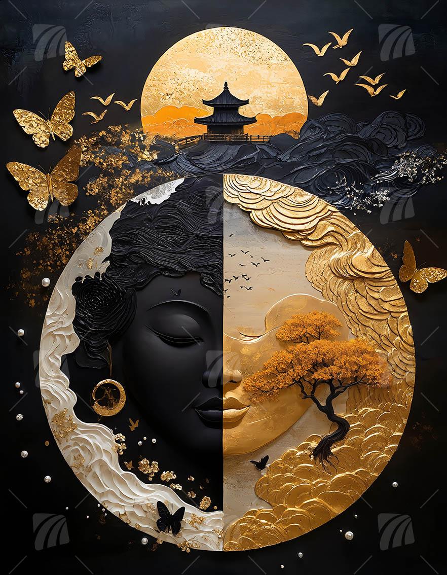 Goldener Zen-Buddha Japanische Ästhetik Wandbild auf Aluminium Dibond Spanntuch