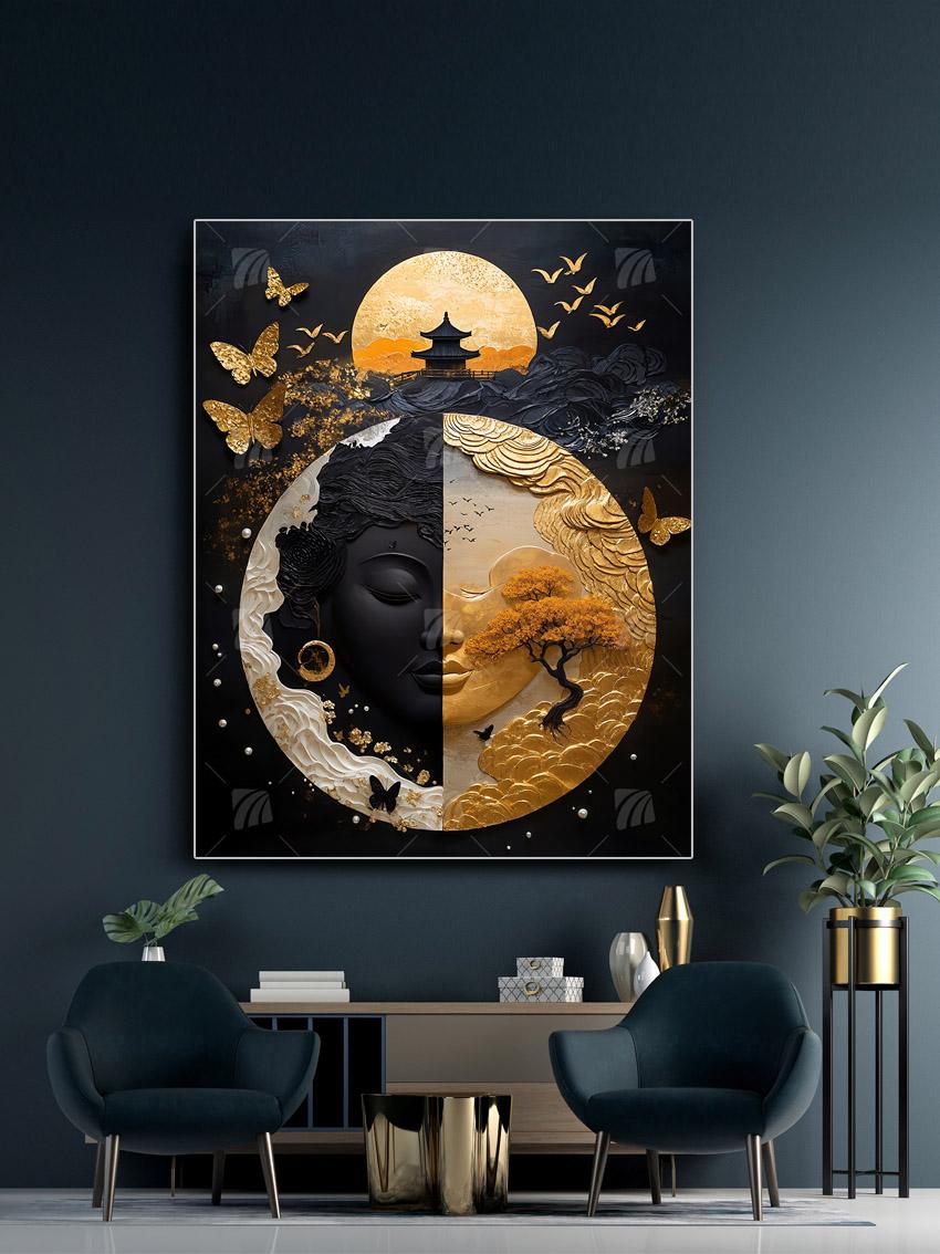 Goldener Zen-Buddha Japanische Ästhetik Wandbild – Detailansicht