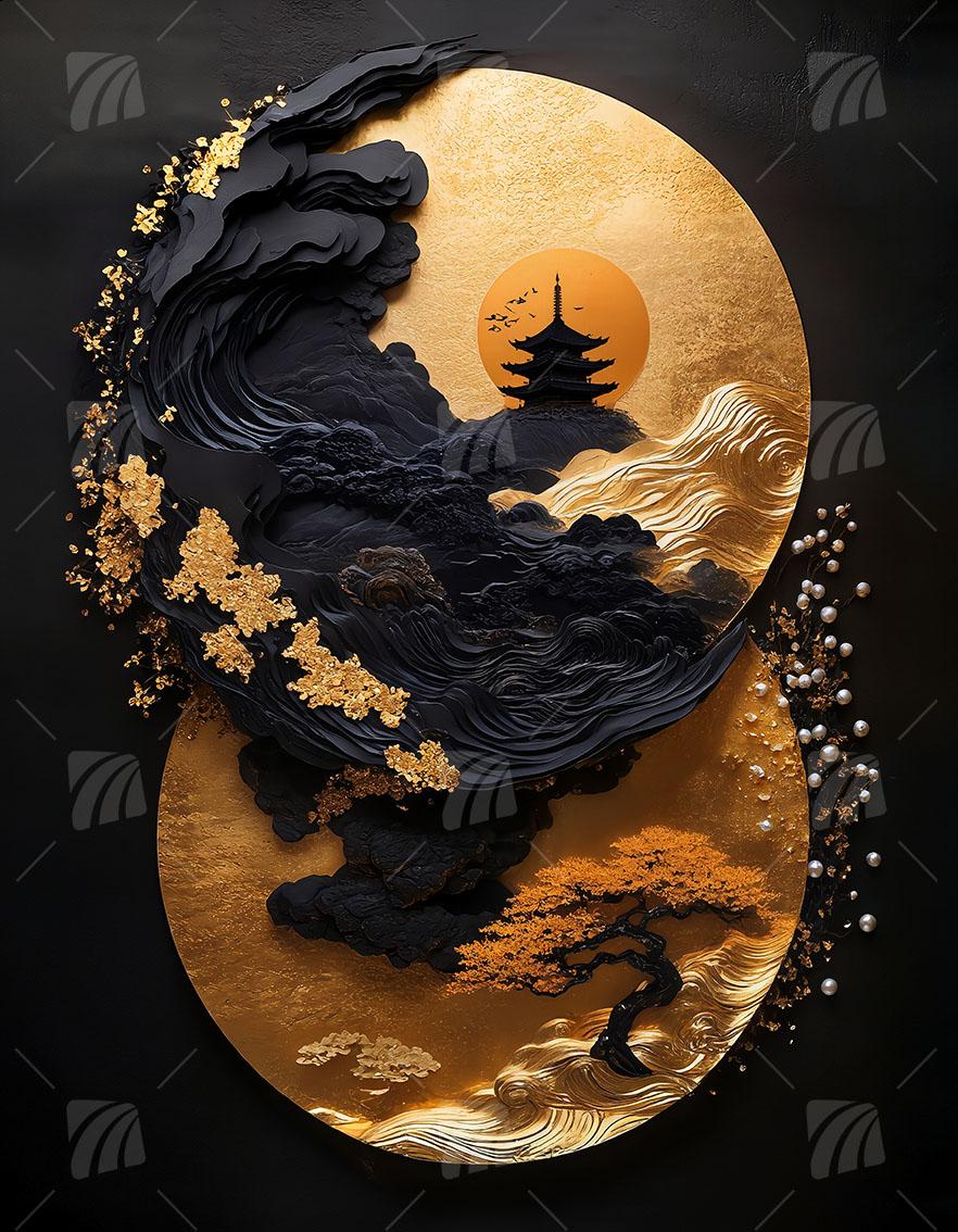  Japanische Pagode  Japanische Ästhetik Wandbild auf Aluminium Dibond Spanntuch