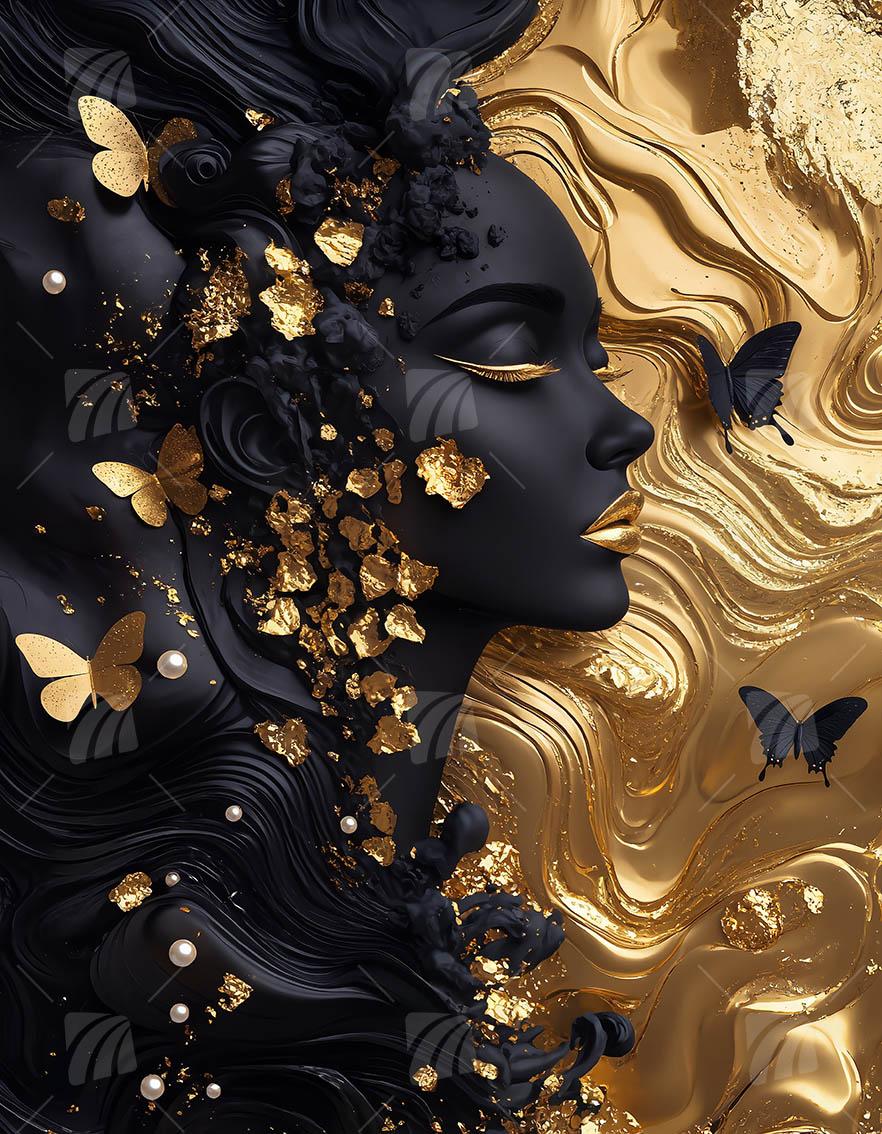 Elegante Frauensilhouette Black & Gold Wandbild auf Aluminium Dibond Spanntuch