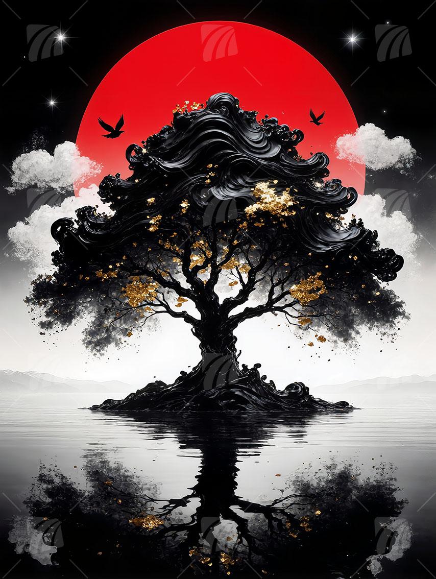 Der Lebensbaum des Zen Japanische Ästhetik Wandbild auf Aluminium Dibond Spanntuch