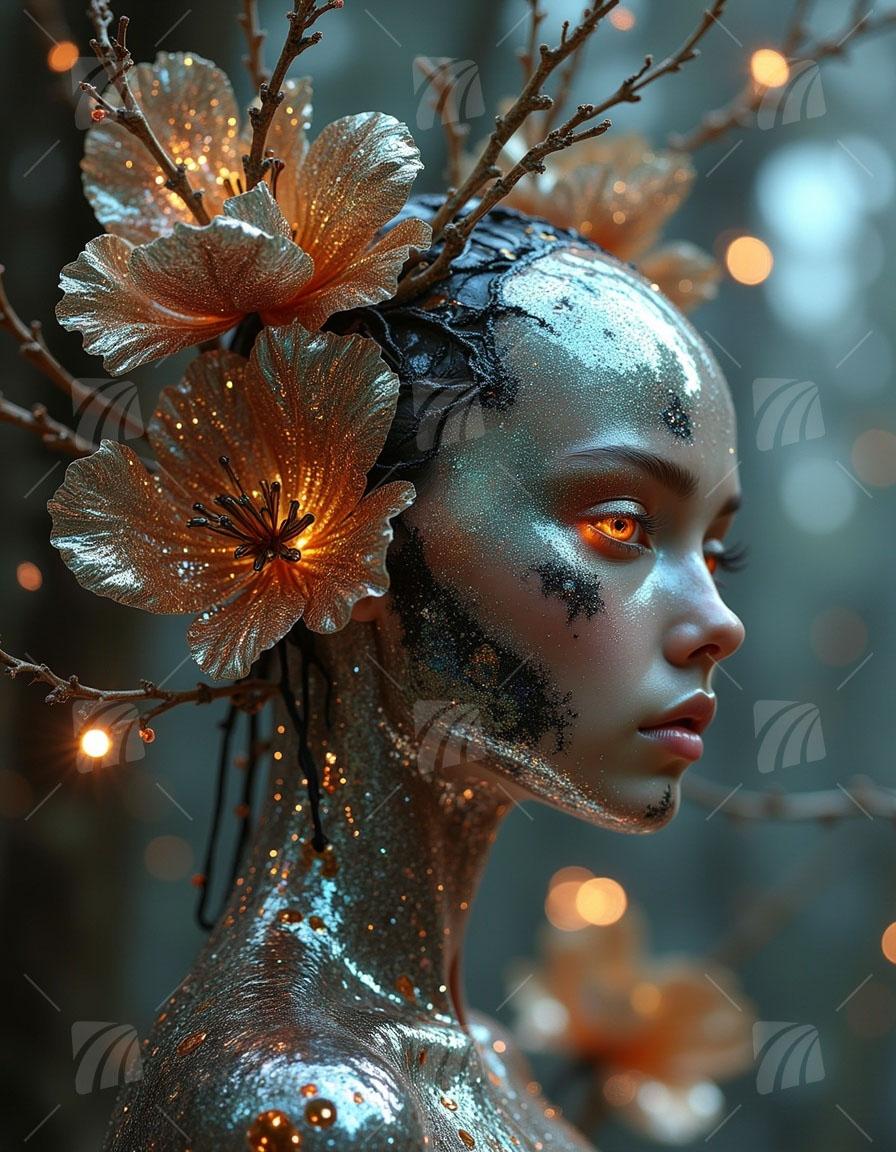 Golden Blossom Spirit Mythisch Wandbild auf Aluminium Dibond Spanntuch