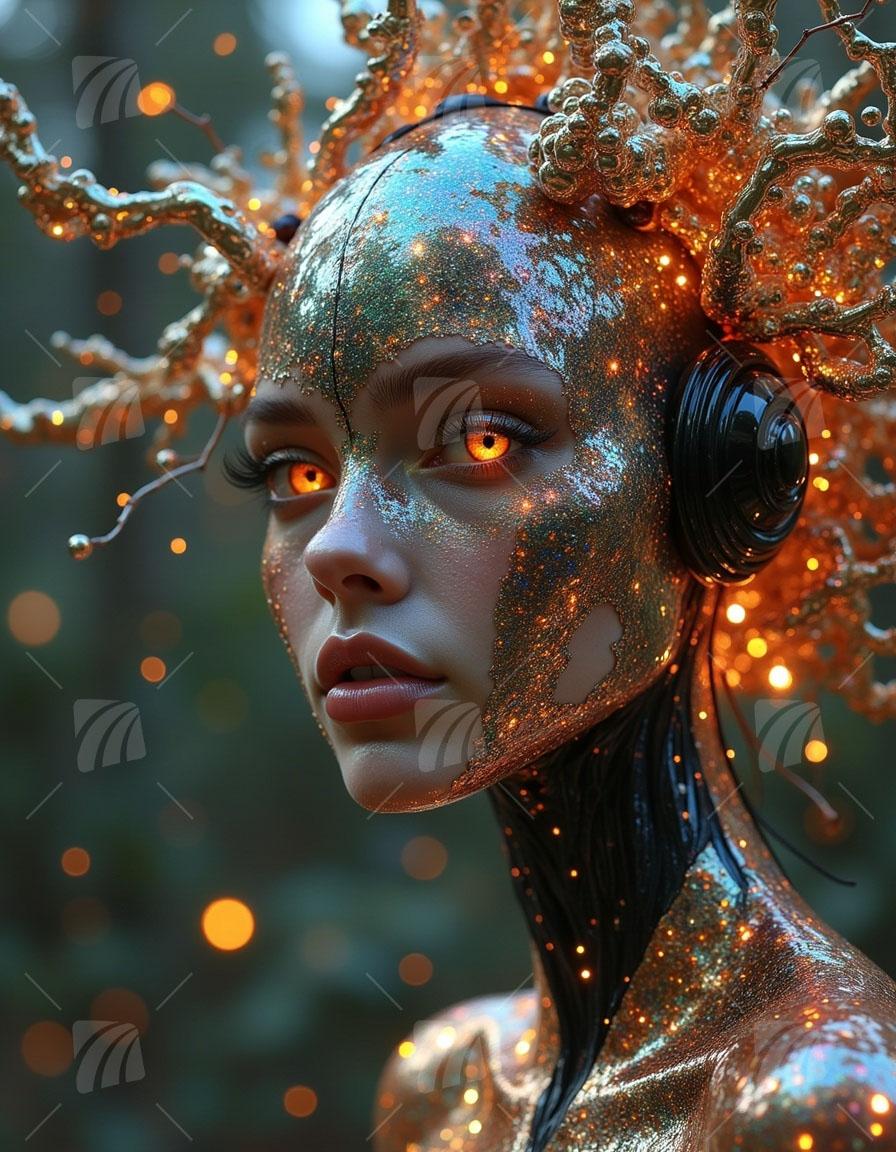 Golden Cyber Muse Mythisch Wandbild auf Aluminium Dibond Spanntuch