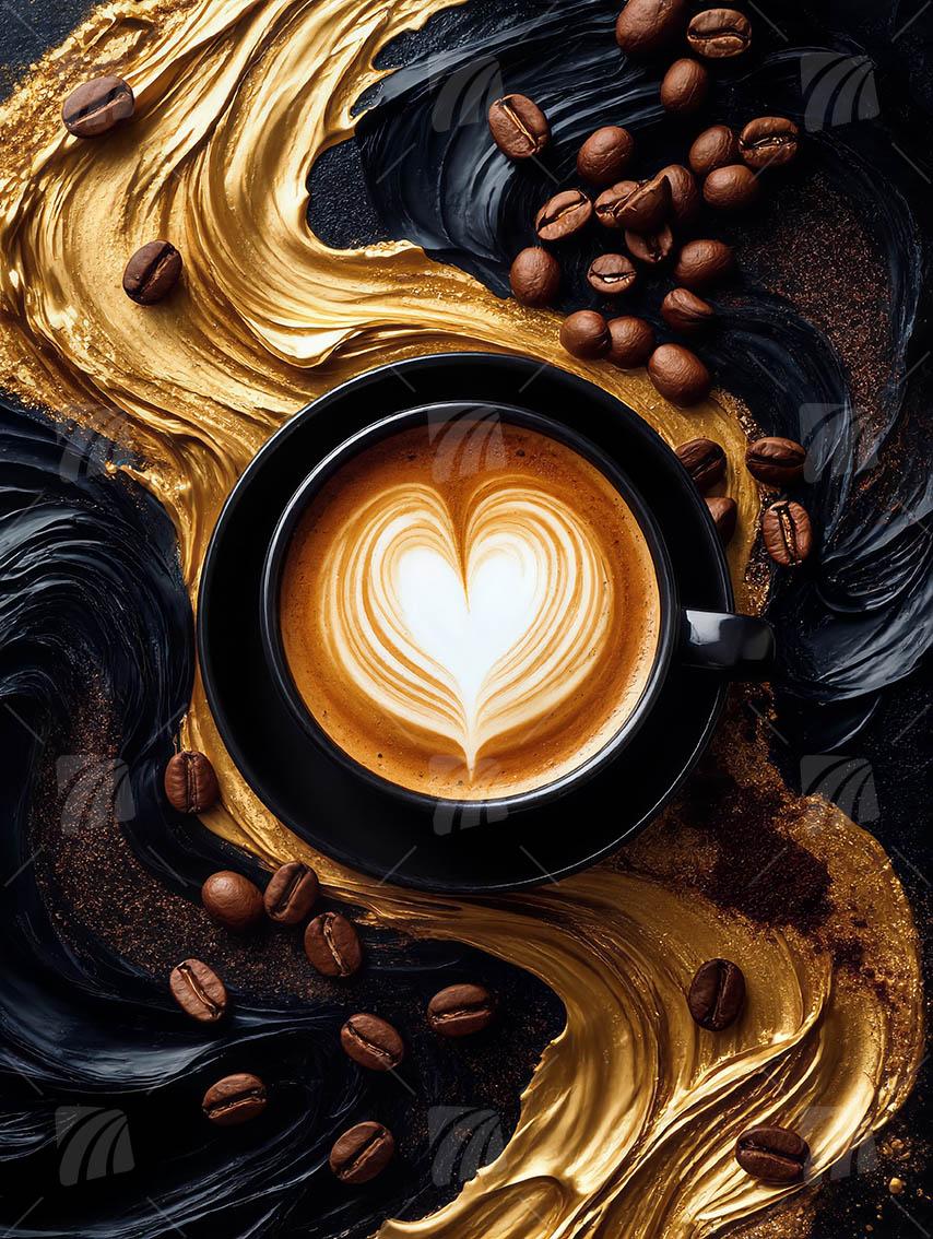 Golden Coffee Love kitchen Wandbild auf Aluminium Dibond Spanntuch