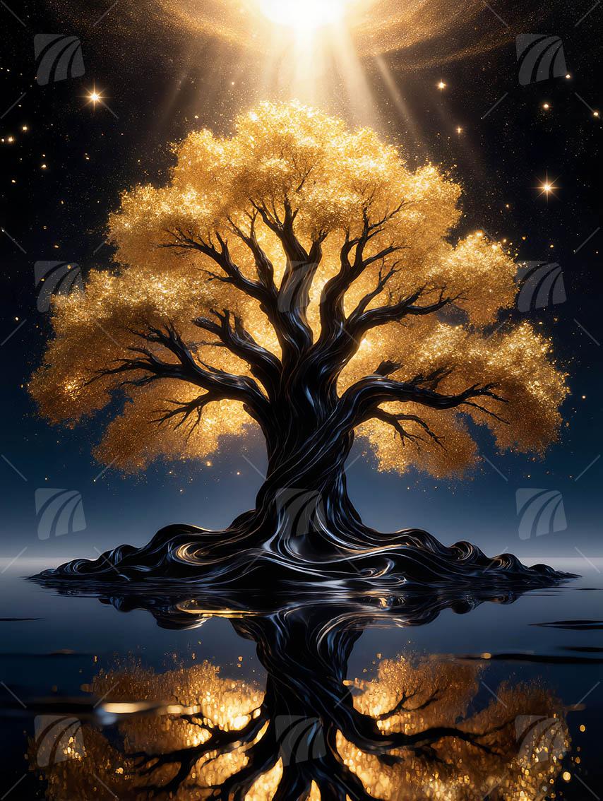 Goldener Lebensbaum Black & Gold Wandbild auf Aluminium Dibond Spanntuch