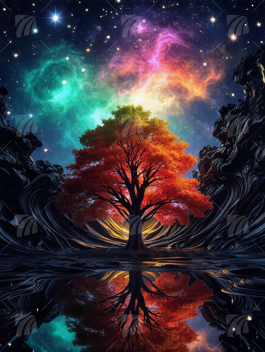 Kosmischer Lebensbaum Mythisch Wandbild auf Aluminium Dibond Spanntuch
