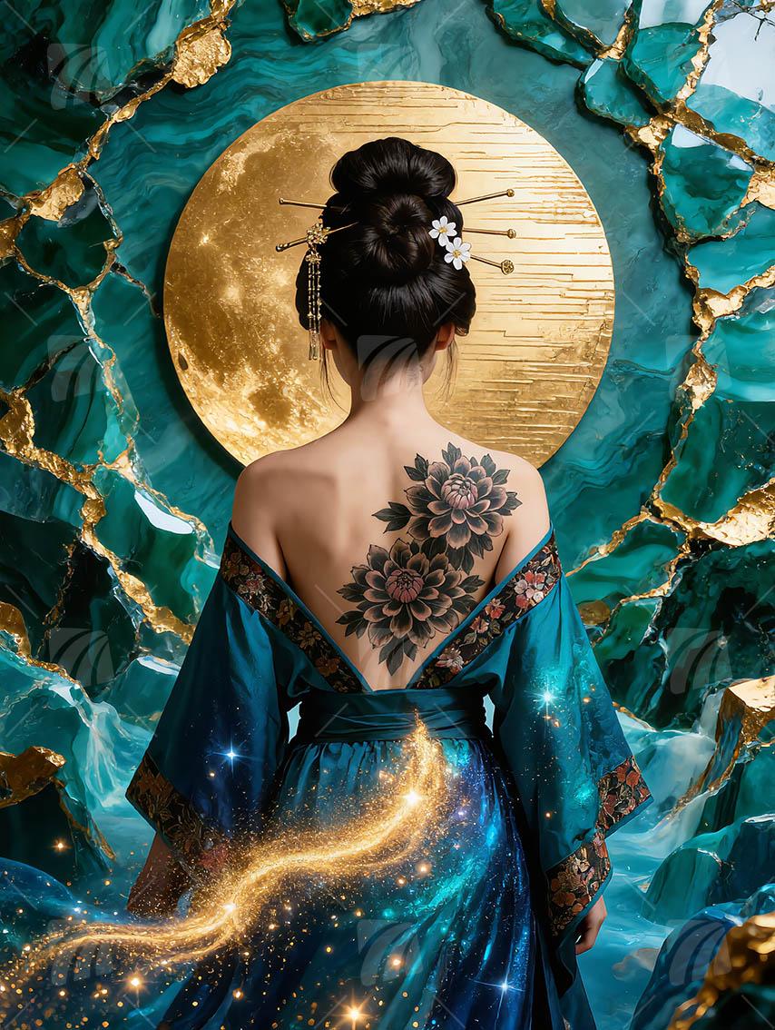 Goldener Mondpfad Japanische Ästhetik Wandbild auf Aluminium Dibond Spanntuch