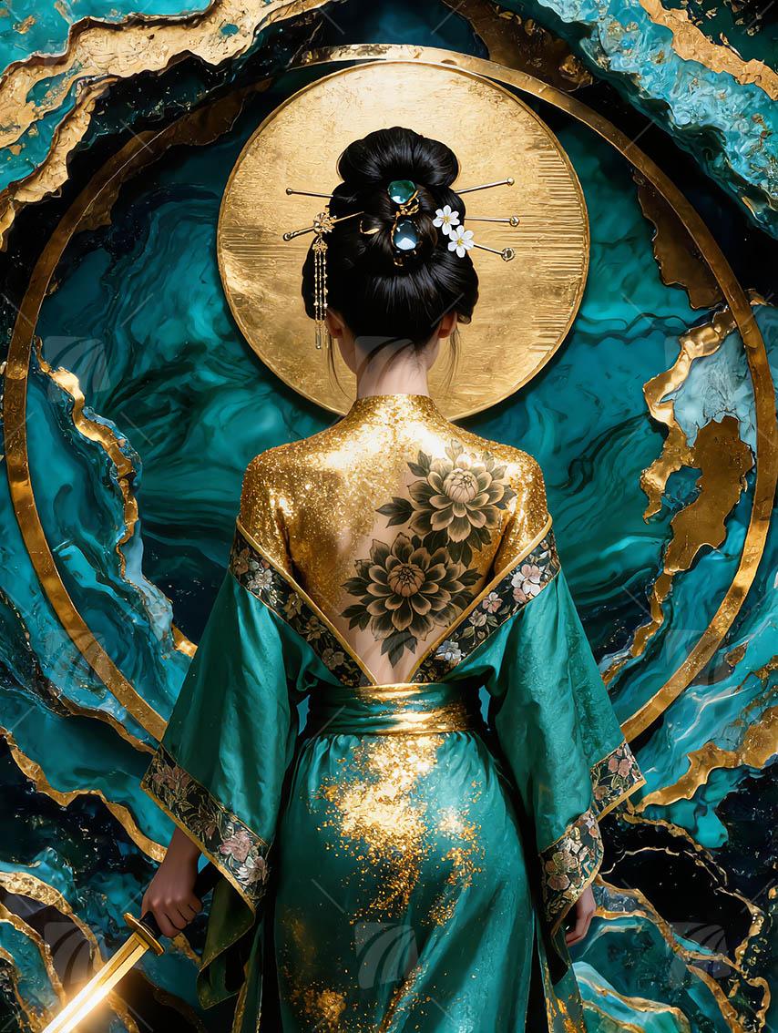 Emerald Warrior Japanische Ästhetik Wandbild auf Aluminium Dibond Spanntuch