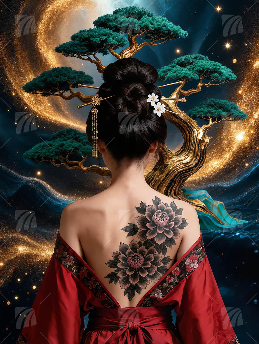 Golden Bonsai Zen Japanische Ästhetik Wandbild auf Aluminium Dibond Spanntuch