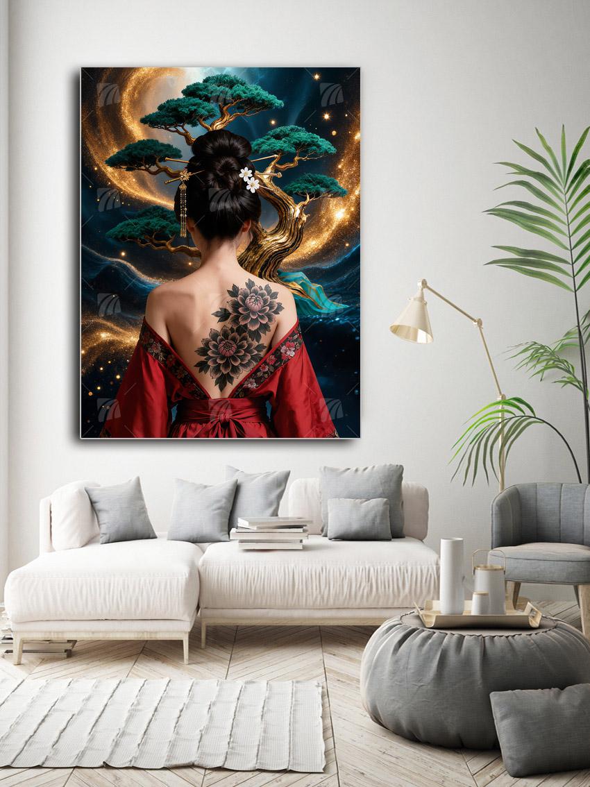 Golden Bonsai Zen Japanische Ästhetik Wandbild – Detailansicht