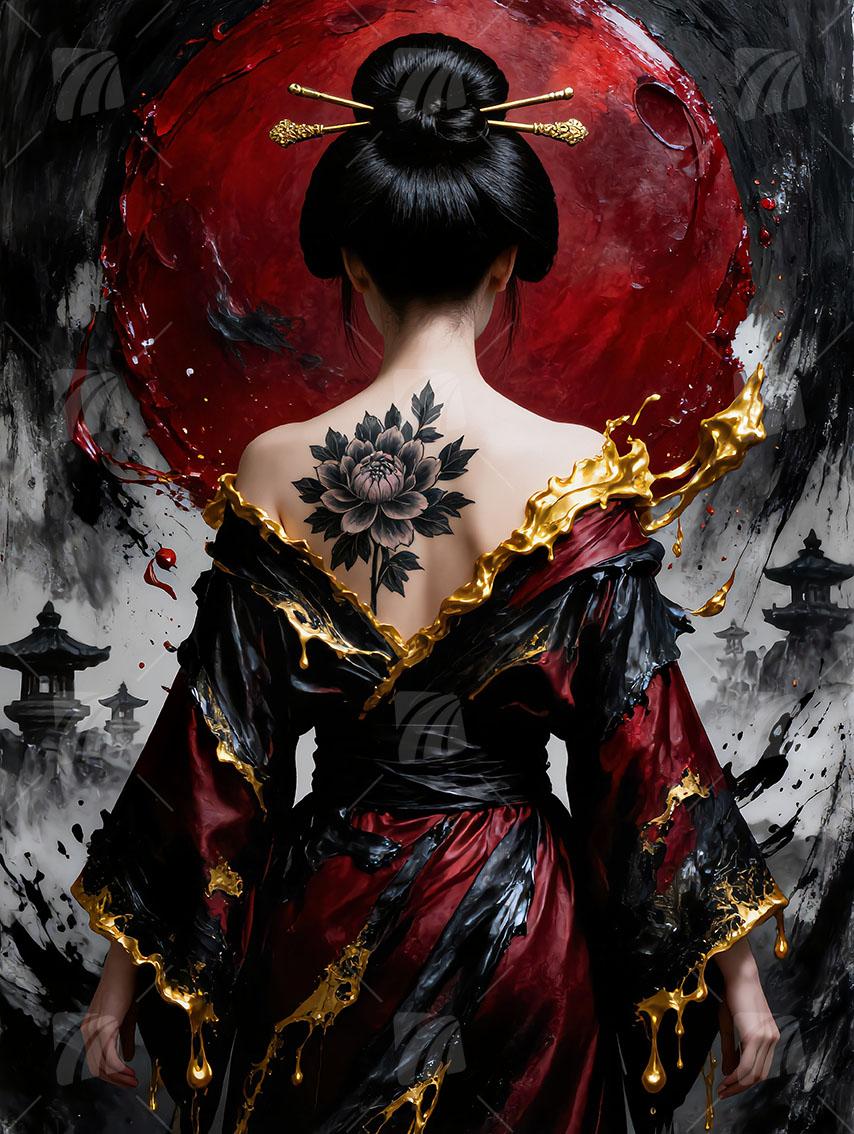 Crimson Moon Zen Japanische Ästhetik Wandbild auf Aluminium Dibond Spanntuch