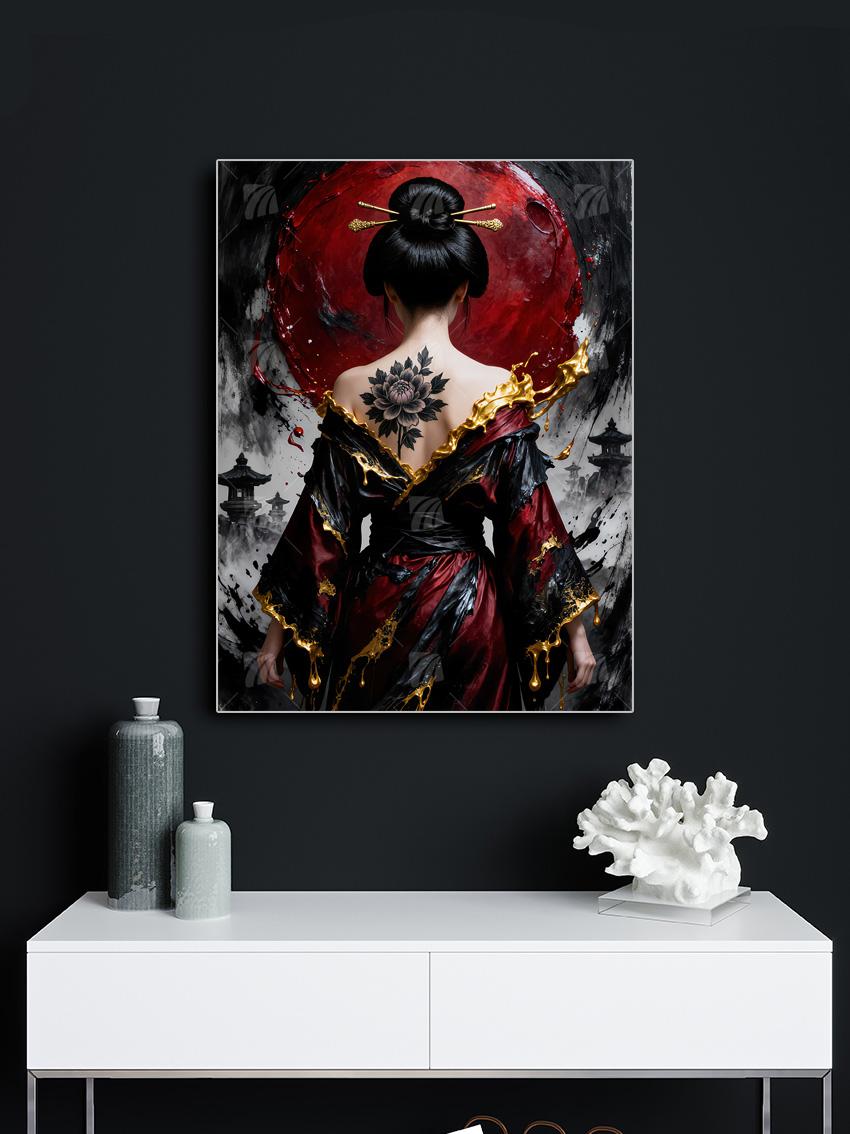 Crimson Moon Zen Japanische Ästhetik Wandbild – Detailansicht