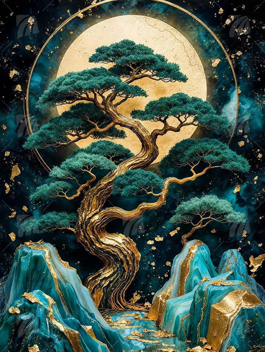 Golden Zenith Bonsai Japanische Ästhetik Wandbild auf Aluminium Dibond Spanntuch