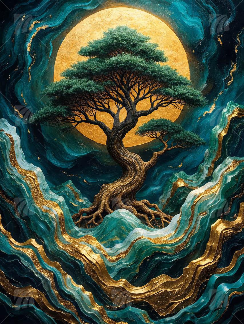 Emerald Flow Japanische Ästhetik Wandbild auf Aluminium Dibond Spanntuch