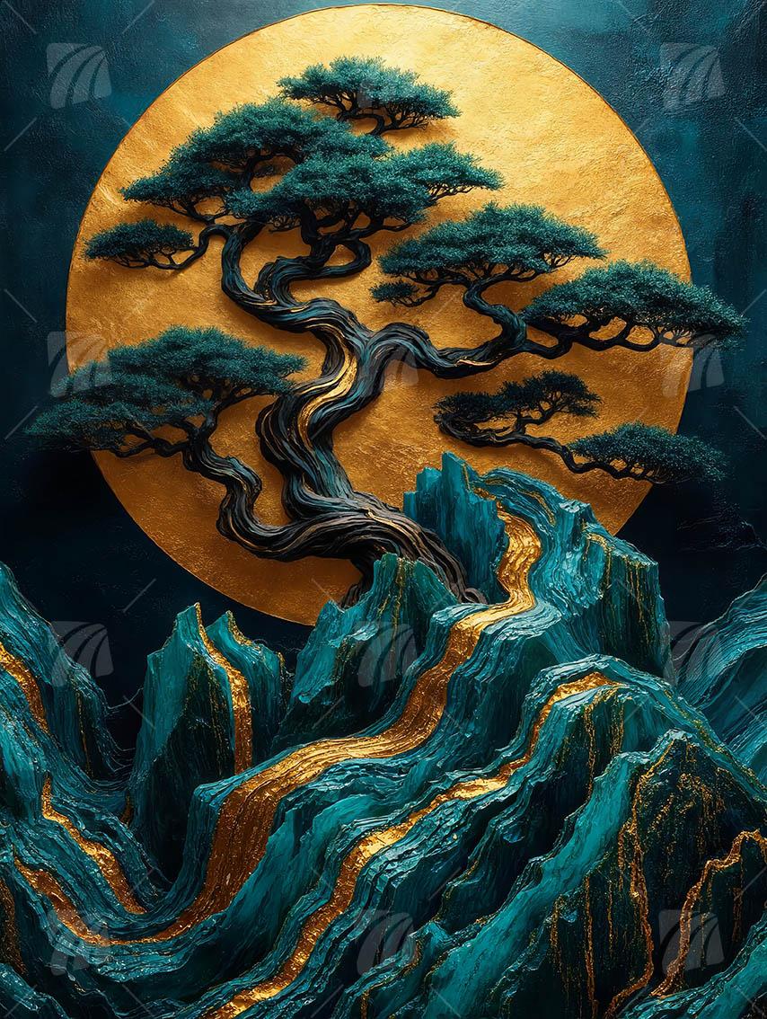 Golden Peak Bonsai Japanische Ästhetik Wandbild auf Aluminium Dibond Spanntuch