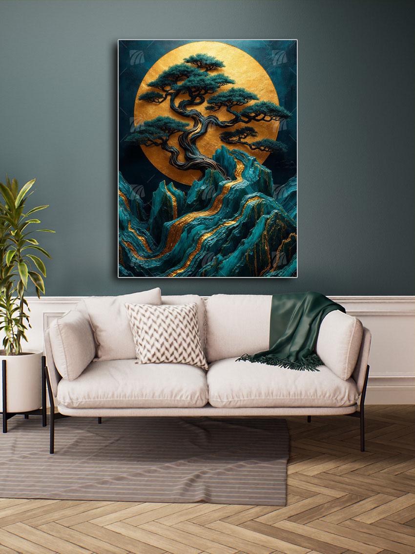 Golden Peak Bonsai Japanische Ästhetik Wandbild – Detailansicht