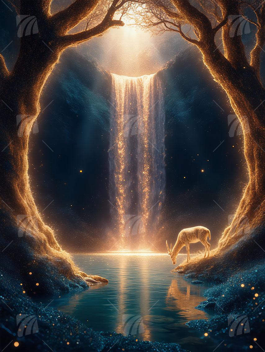 Magischer Gold-Wasserfall Nature Wandbild auf Aluminium Dibond Spanntuch