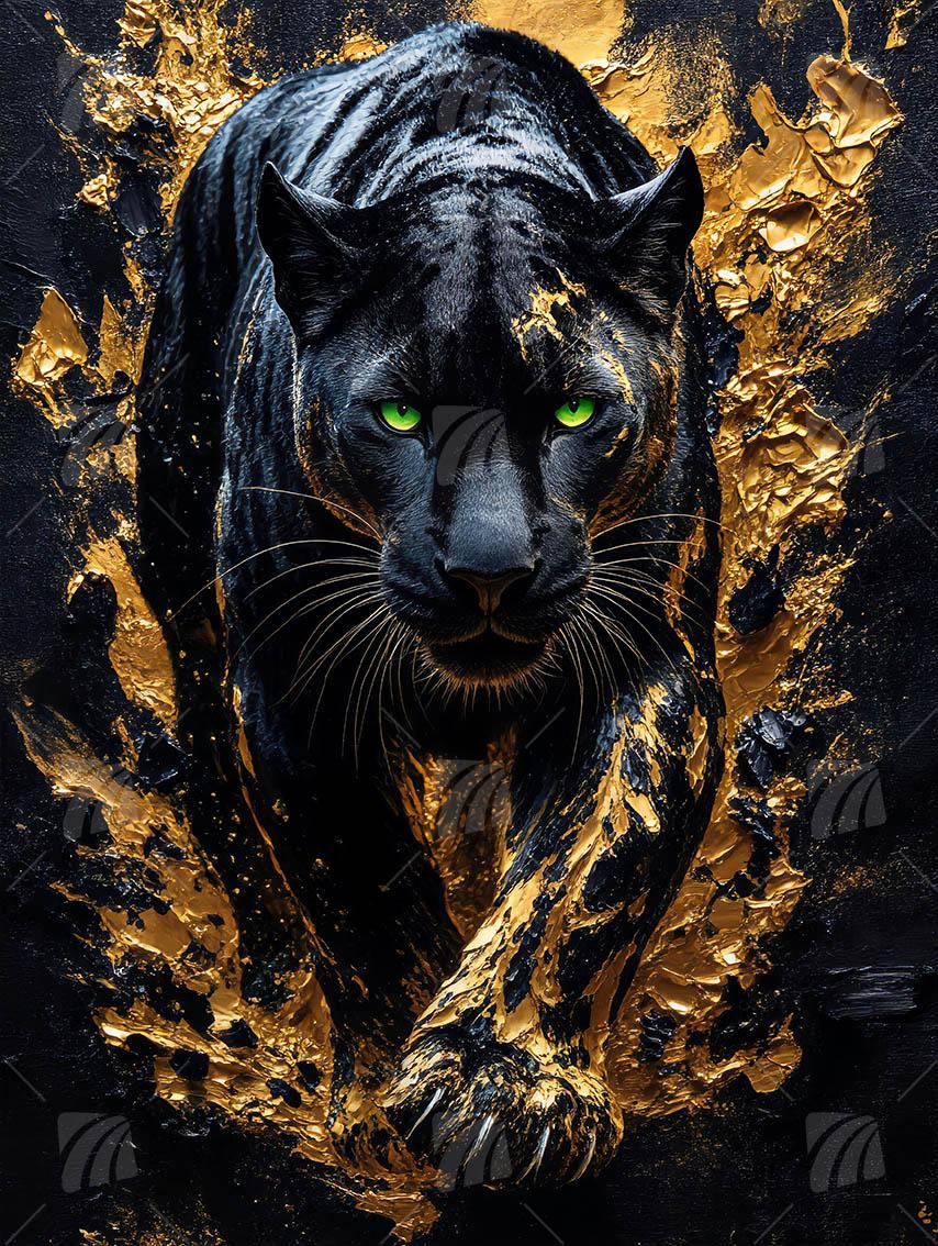 Schwarzer Panther in Gold Tiere Wandbild auf Aluminium Dibond Spanntuch