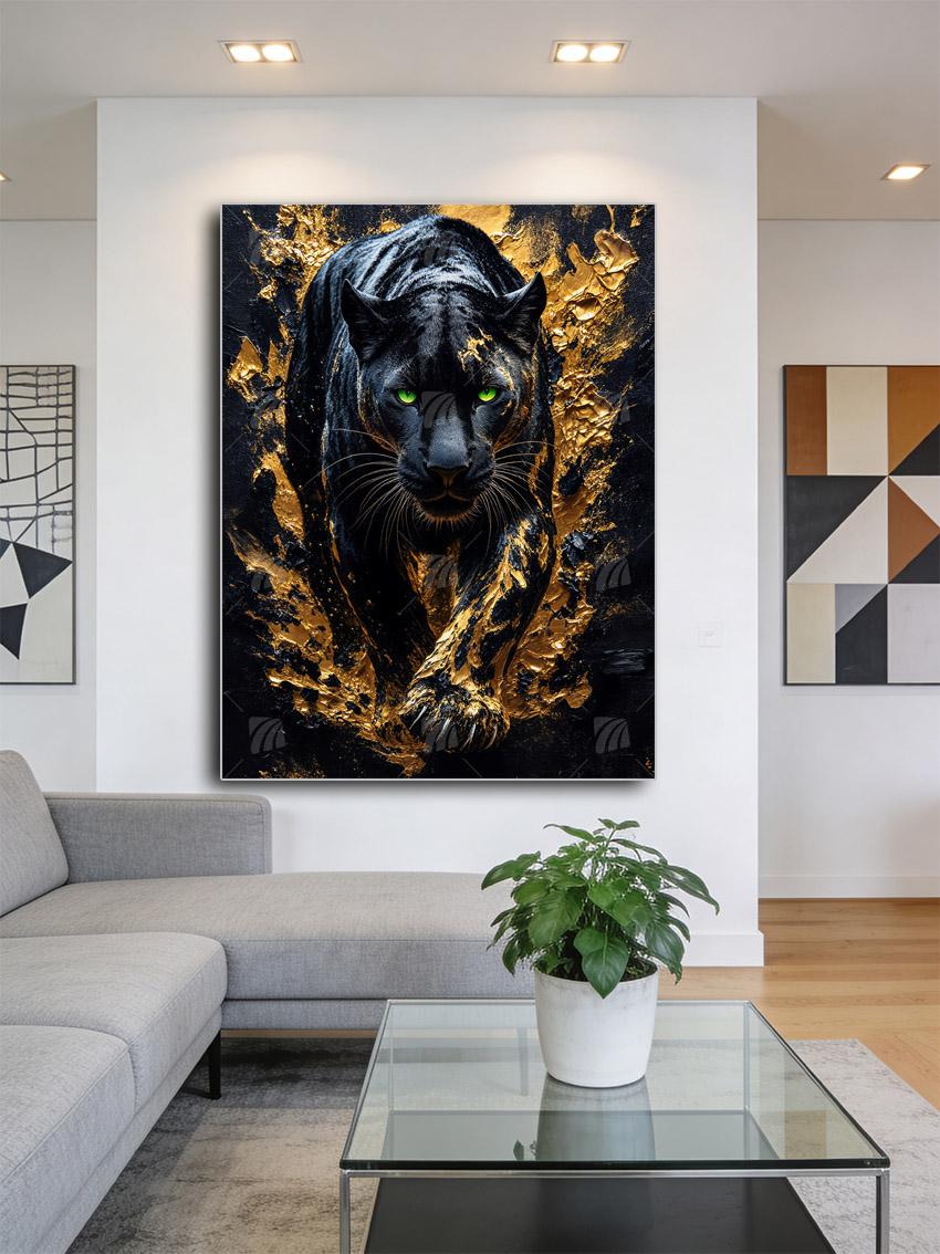 Schwarzer Panther in Gold Tiere Wandbild – Detailansicht