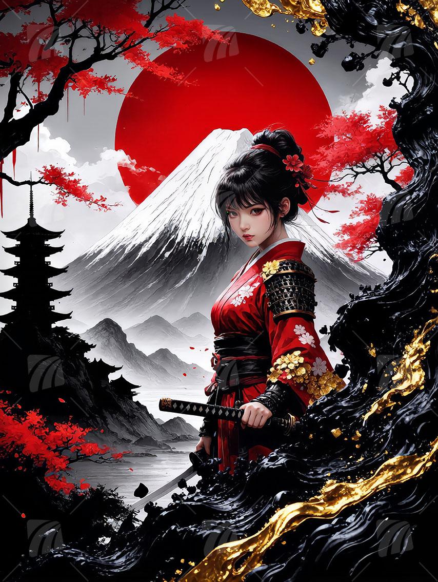 Scarlet Samurai Serenity Japanische Ästhetik Wandbild auf Aluminium Dibond Spanntuch