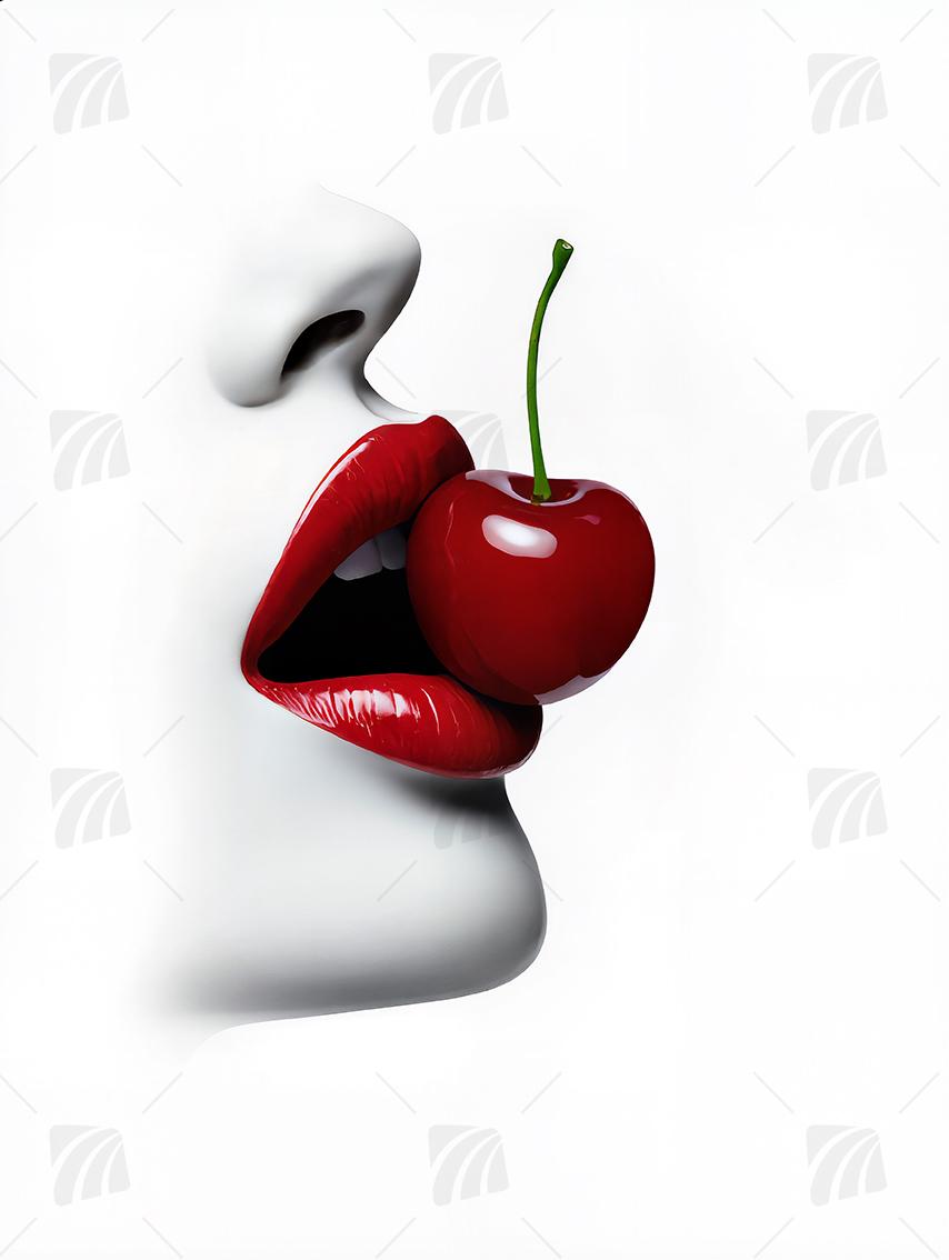 Cherry Kiss Mystische Weiblichkeit Wandbild auf Aluminium Dibond Spanntuch