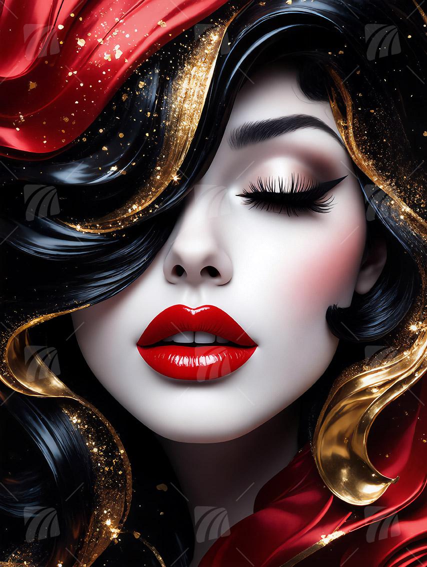  Roten Lippen Black & Gold Wandbild auf Aluminium Dibond Spanntuch
