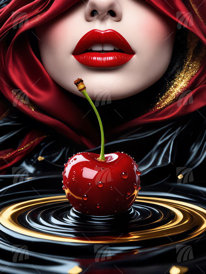 Rote Lippen Black & Gold Wandbild auf Aluminium Dibond Spanntuch