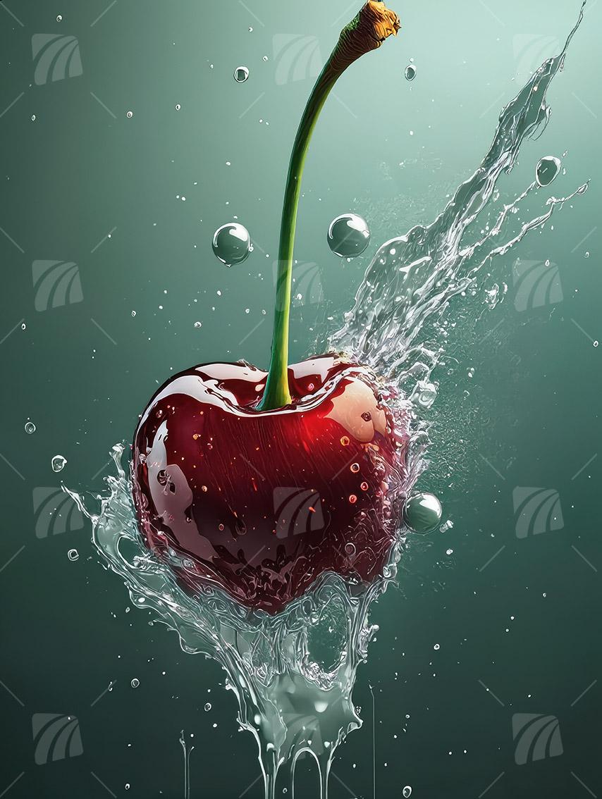 Splashing Cherry kitchen Wandbild auf Aluminium Dibond Spanntuch