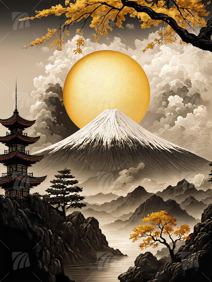 Golden Tranquility Japanische Ästhetik Wandbild auf Aluminium Dibond Spanntuch