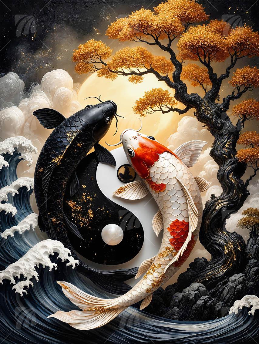 Yin Yang Koi Japanische Ästhetik Wandbild auf Aluminium Dibond Spanntuch