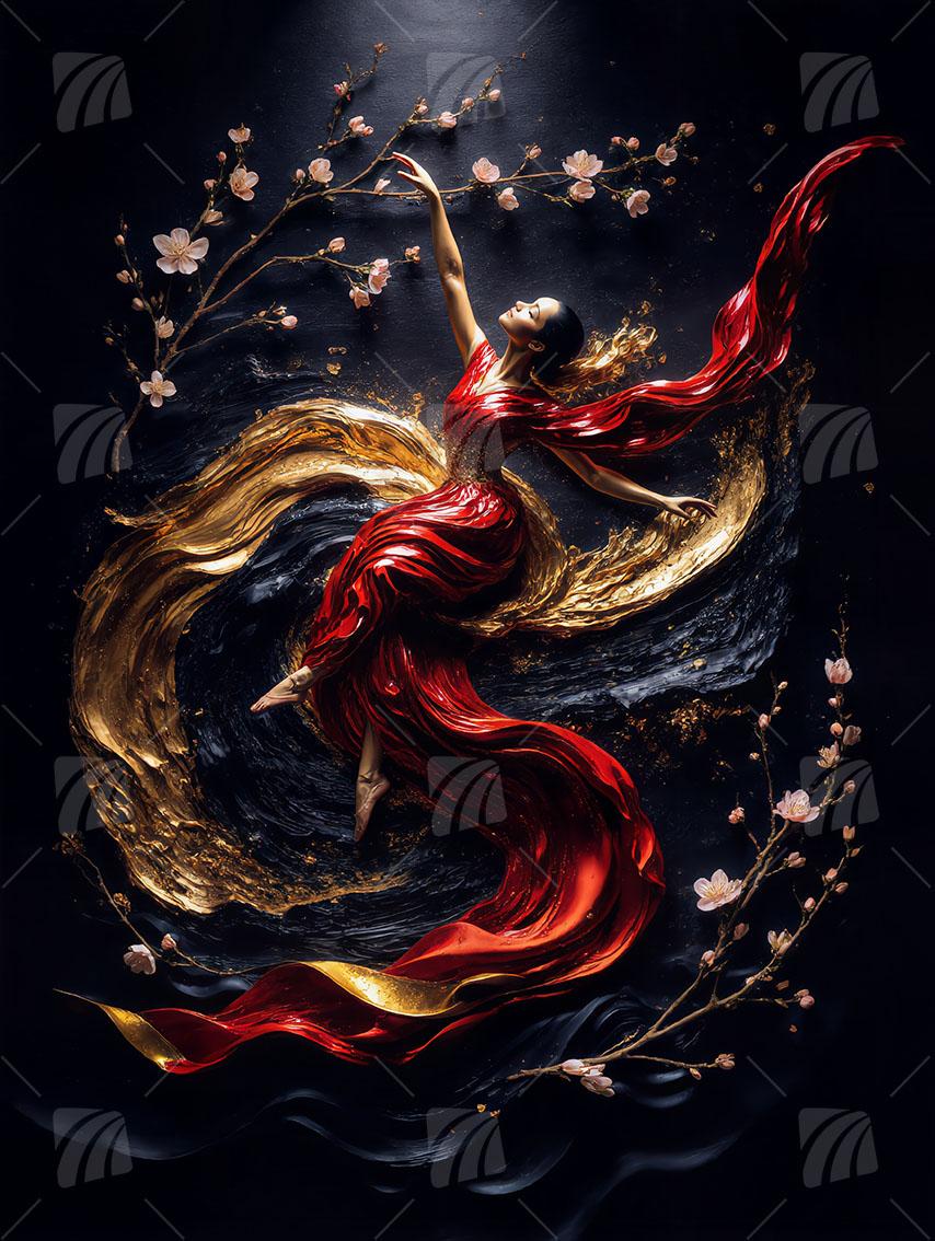 Crimson Harmony Black & Gold Wandbild auf Aluminium Dibond Spanntuch