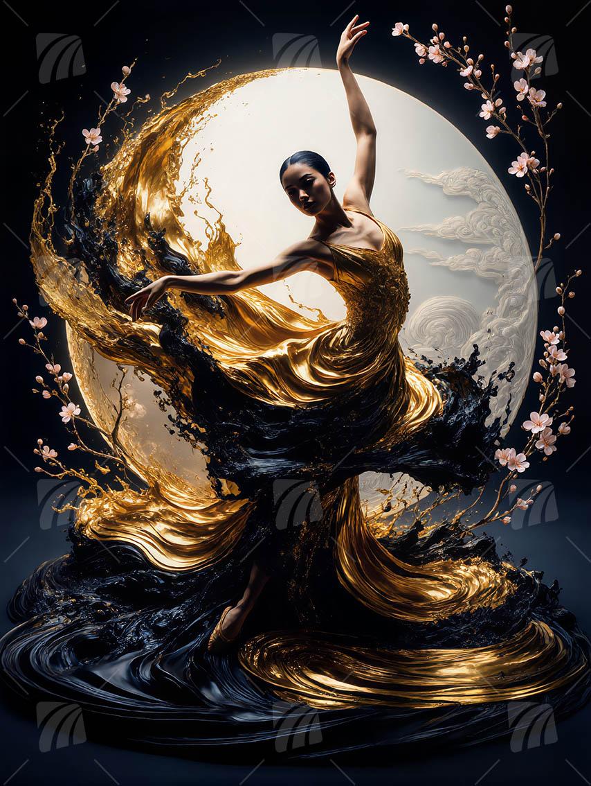 Lunar Elegance Black & Gold Wandbild auf Aluminium Dibond Spanntuch