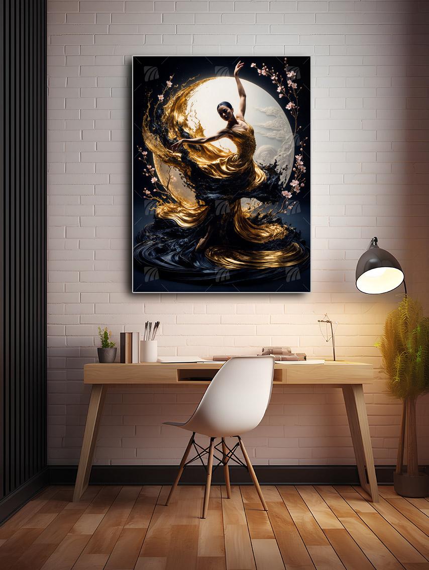 Lunar Elegance Black & Gold Wandbild – Detailansicht