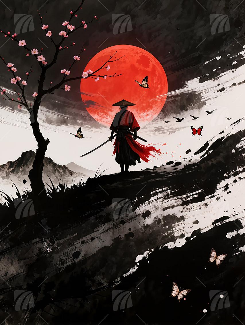 Scarlet Samurai Black & Gold Wandbild auf Aluminium Dibond Spanntuch