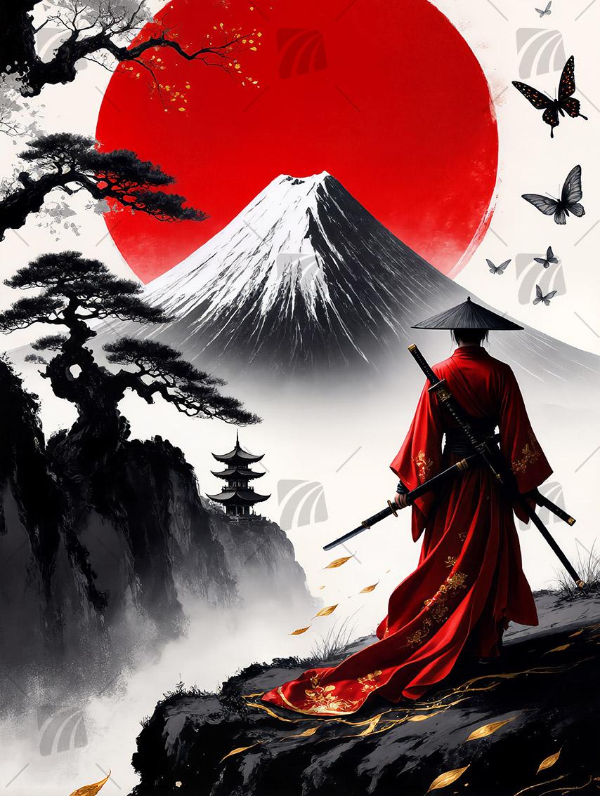 Samurai Reverie Black & Gold Wandbild auf Aluminium Dibond Spanntuch