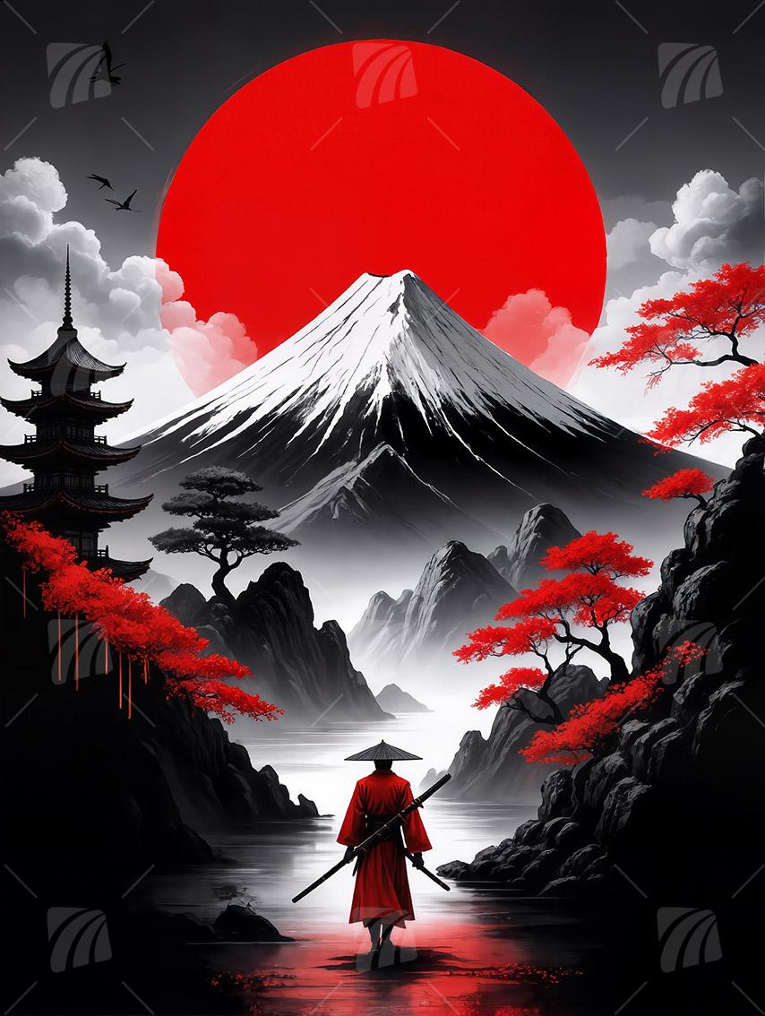 Samurai Sunrise Black & Gold Wandbild auf Aluminium Dibond Spanntuch