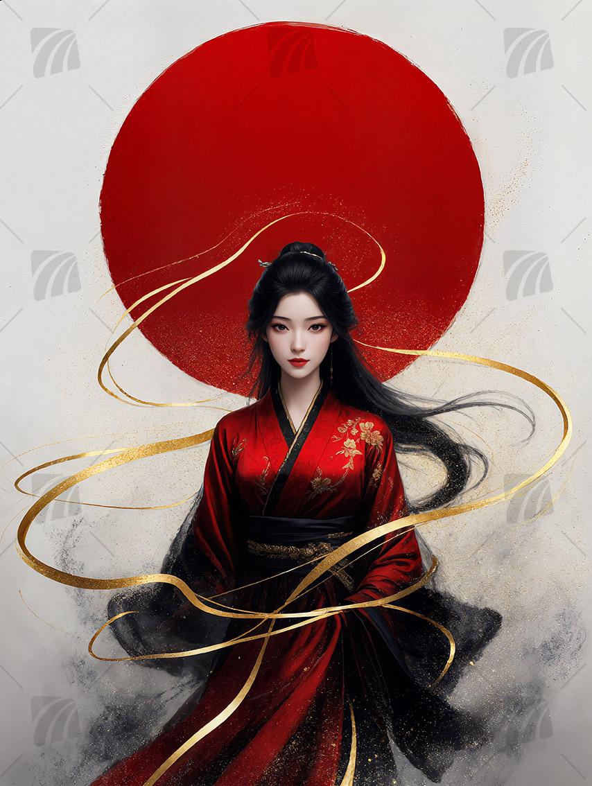 Scarlet Serenity Japanische Ästhetik Wandbild auf Aluminium Dibond Spanntuch