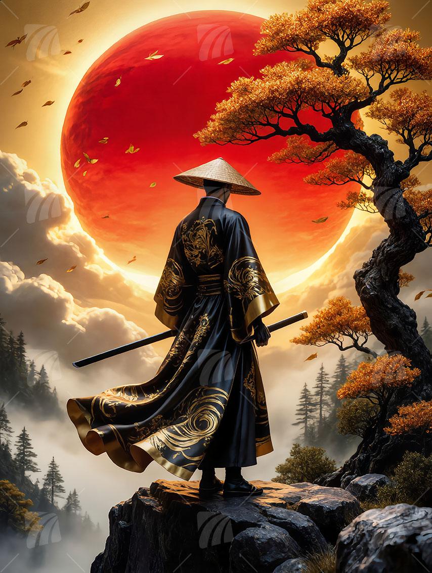 Sonnenkrieger Japanische Ästhetik Wandbild auf Aluminium Dibond Spanntuch