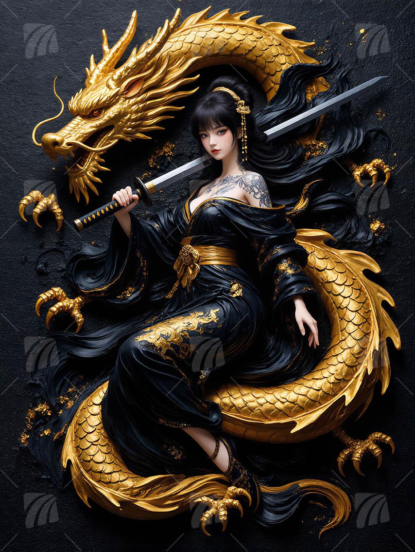 Dragon Empress Black & Gold Wandbild auf Aluminium Dibond Spanntuch