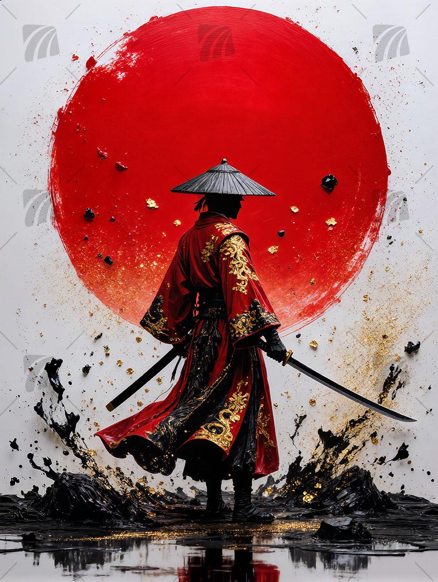 Crimson Samurai Japanische Ästhetik Wandbild auf Aluminium Dibond Spanntuch