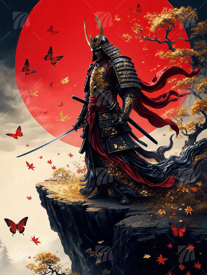 Samurai  Krieger Wandbild auf Aluminium Dibond Spanntuch